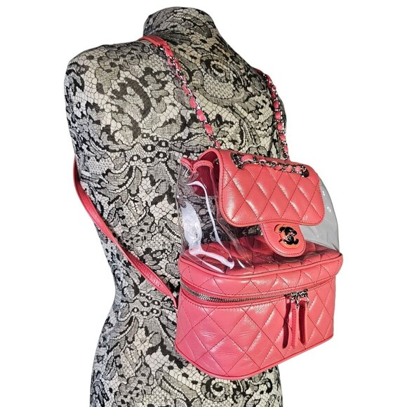CHANEL Quilted Crumpled Leather Clear Backpack Handbag Pink Chain Zip Around CC - Picture 15 of 16
